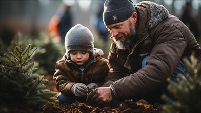 Young father and son planting christmas trees at the tree farm. generative AI