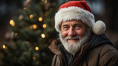 Happy middle-aged man with white beard wearing a santa hat and coat enjoying the christmas festivites. generative AI