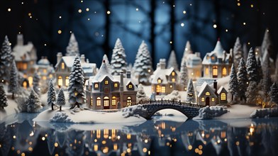 Miniature holiday christmas decorated town and snowy village scene. generative AI