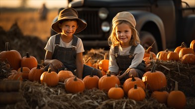 A cute little girl and boy playing amongst the fall pumpkins on the farm