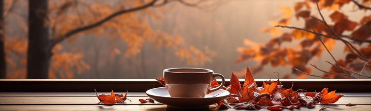 Cup resting on window sill with a fall mountain country view banner