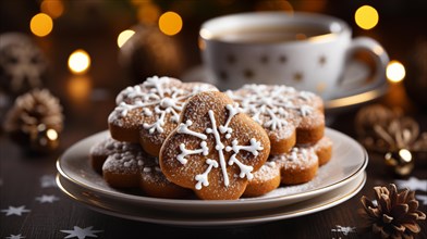 Gingersnap cookies on a small plate amist the christmas decorations. generative AI