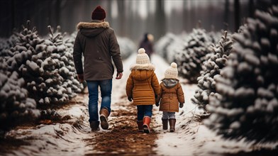 Young father and daughters walking to choose A christmas tree at the snowy farm. generative AI