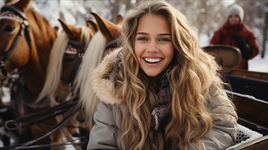 Festive young girl laughing with friends outside in the snow. generative AI