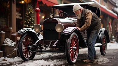 Owner working on his classic vintage car parked in front of the christmas decorated shop on the street. generative AI