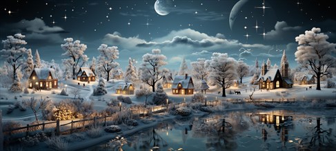 Miniature holiday christmas decorated town and snowy village scene banner. generative AI