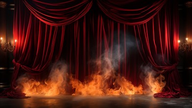 Theatre stage with red velvet curtains on fire. generative AI