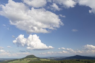 View of the Hohenhewen with clouds in the Hegau