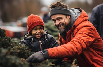 Young father and son planting christmas trees at the tree farm. generative AI