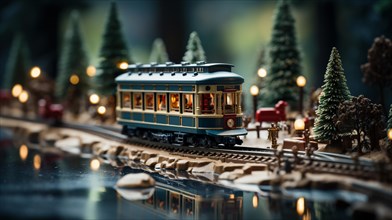 Model miniature troller train set and snowy christmas decorated town setting. generative AI
