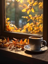 Cup resting on window sill with a fall mountain country view