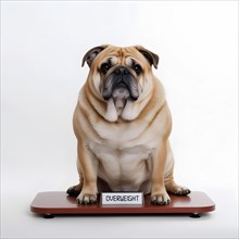 Fat pug with a sad facial expression sitting on a scale with a display showing OVERWEIGHT on it. AI generated