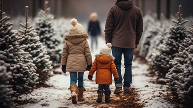 Young father and daughters walking to choose A christmas tree at the snowy farm. generative AI