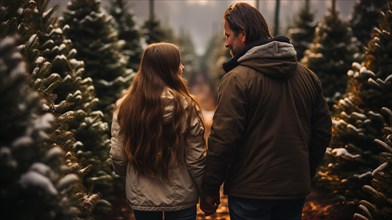 Young romantic couple walking to choose A christmas tree at the farm. generative AI