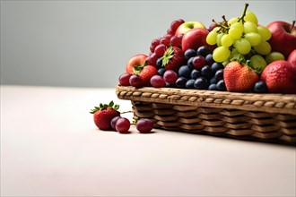 Delicious fruit basket with healthy fruits and berries. Selective focus and a lot of copyspace. AI generated