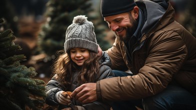 Young father and daughter choosing A christmas tree at the tree farm. generative AI
