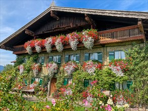 Magnificently decorated old farmhouse with balcony flowers near Teisendorf in Berchtesgadener Land