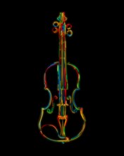 Hand drawn stylized violin sketch in colors over black background