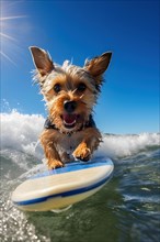 Excited Yorkshire Terrier riding a wave on a surfbard on a sunny day with blue sky. AI generated