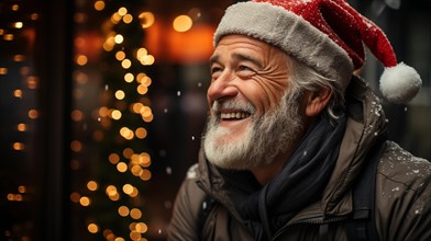 Happy middle-aged man with white beard wearing a santa hat and coat enjoying the christmas festivites. generative AI