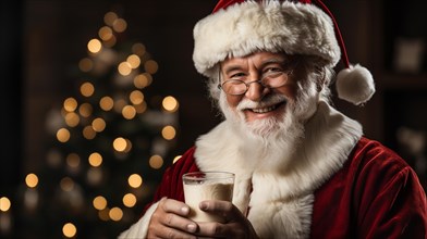Santa claus enjoying his glass of milk next to the christmas tree. generative AI