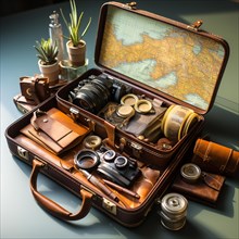 Travel preparation Packed old leather suitcase with photo