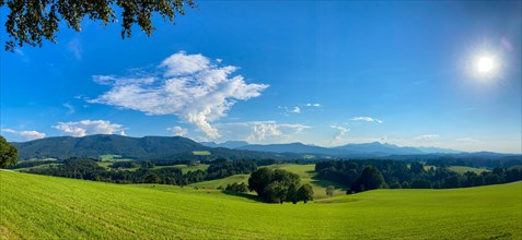 Panorama of the Alpine foothills in Chiemgau with Teisenberg