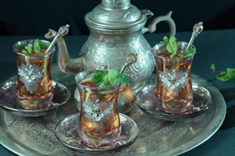 Close-up of a traditional Moorish mint tea service
