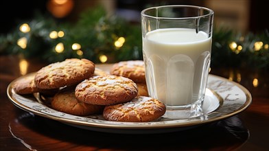 Sugar cookies and milk on a small plate waiting for santa clause amist the decorations on christmas eve. generative AI