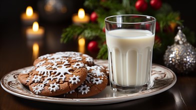 Gingersnap cookies and milk on a small plate waiting for santa clause amist the decorations on christmas eve. generative AI