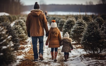 Young father and daughters walking to choose A christmas tree at the snowy farm. generative AI