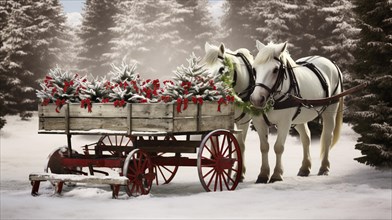 Horses resting near A holiday decorated tree carriage in the snowy forest. generative AI