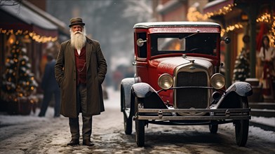 White bearded older man standing near A classic vintage car on the festively christmas decorated street. generative AI