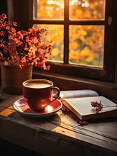 Cup and open book resting on window sill with a fall mountain country veiw