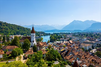 Aerial View over City of Thun and Lake with Mountain Range in a Sunny Day in Thun