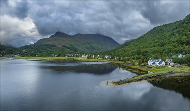 Aerial panorama of the freshwater loch Loch Leven with the village of Glen Coe