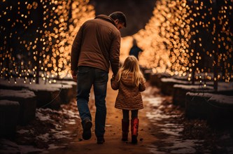 Young father and daughter walking to choose A christmas tree at the snowy farm. generative AI