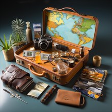 Travel preparation Packed old leather suitcase with photo