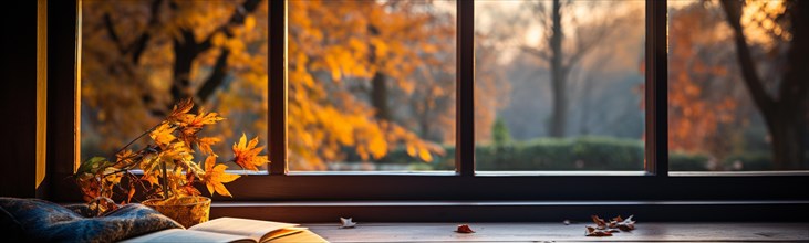 Open book resting on window sill with a fall mountain country view