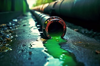 Close-up view illustration of a broken industrial pipe leaking a green liquid onto the ground. AI generated