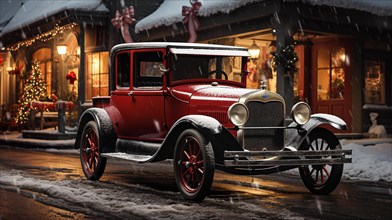Classic vintage car parked outside the festively christmas decorated shops. generative AI