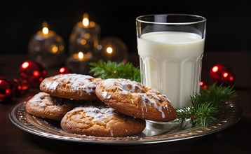 Sugar cookies and milk on a small plate waiting for santa clause amist the decorations on christmas eve. generative AI