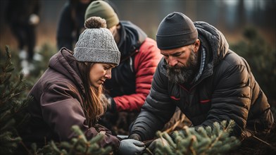 Workers planting sapling pine trees and the christmas tree farm. generative AI