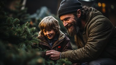 Young father and son planting christmas trees at the tree farm. generative AI