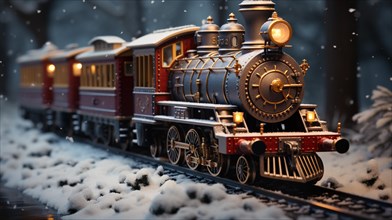 Miniature locamotive train set in A snowy christmas holiday setting. generative AI