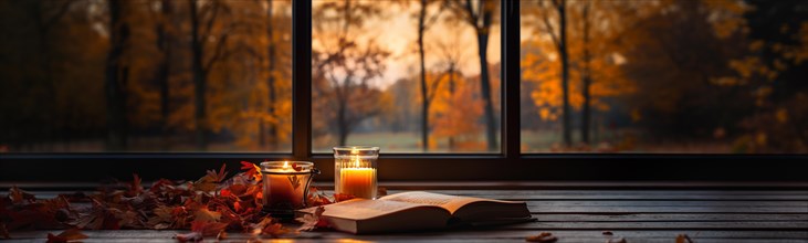 Candles and open book resting on window sill with a fall mountain country view banner