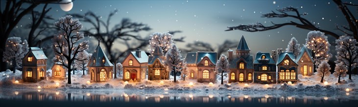 Miniature holiday christmas decorated town and snowy village scene banner. generative AI