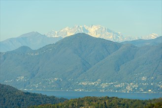Snow-capped Mountain Peak Monte Rosa and Alpine Lake Maggiore in a Sunny Day with Clear Sky in Ticino