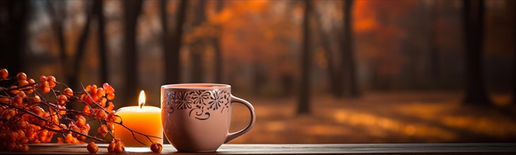 Candle and cup resting on window sill with a fall mountain country view banner