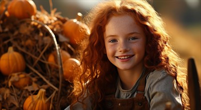 Cute smiling little red haired girl sitting amongst the fall foliage and pumpkins